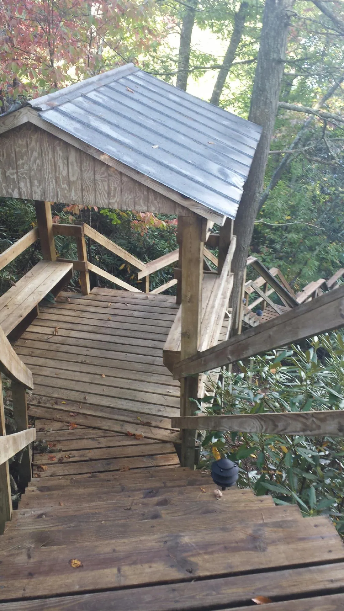 Metal roofed shelter over wooden steps on a wooded walkway — Skylight Repair & Installation work by our crew in Reform